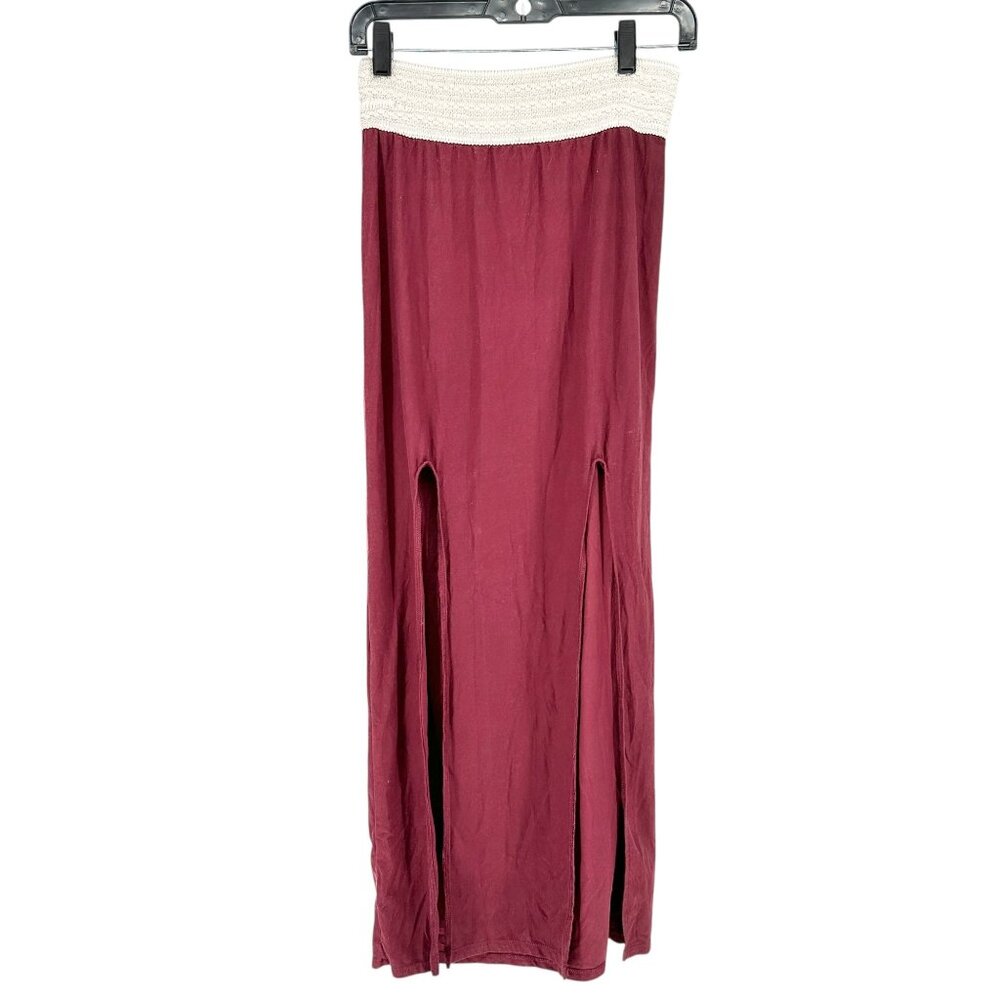 No Boundaries Maxi Skirt Womens S JR 3-5 Burgundy Smocked Waistband Front Slits